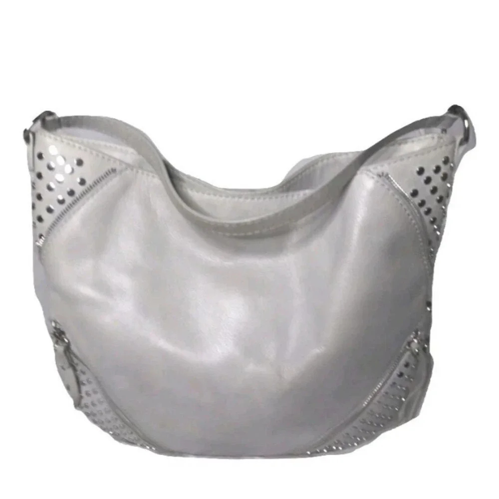She+Lo  Leather Hobo Shoulder Bag  Studs Tassel Boho Bag Gray Taupe Retail $280